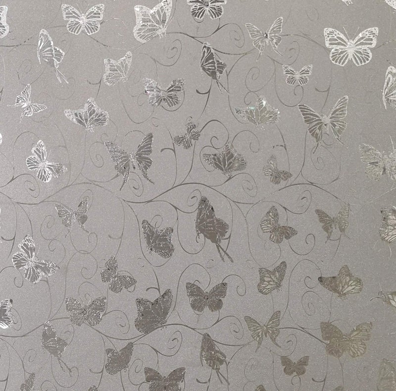 Dundee Deco AZ-G023 Animals Glitter Silver, Grey Butterflies, Vines Peel and Stick Self Adhesive Removable Wallpaper, Roll 18 ft. X 18 in. (5.5m X 45cm), 26.6 sq. ft. (2.5 sq. m) - Image 1